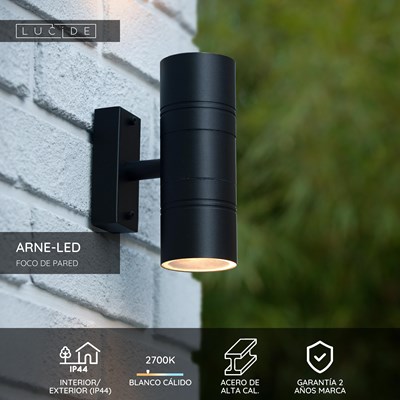 Lucide ARNE-LED - Foco de pared / Lámpara de pared Dentro/Fuera - Ø 6,3 cm - LED - GU10 - 2x5W 2700K - IP44 - Negro
